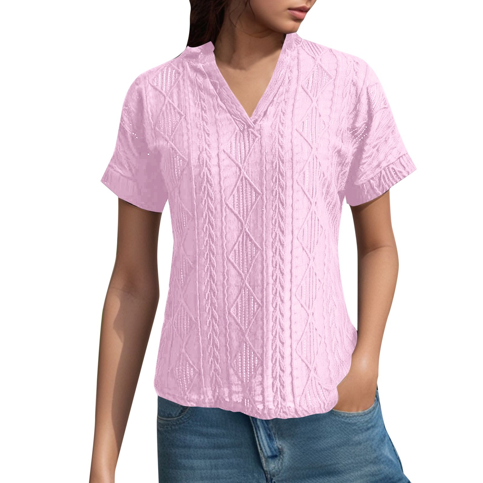 Camisa de punto jacquard holgada con cuello en V para mujer: manga corta, detalle de cordones, informal de verano, fácil de cuidar